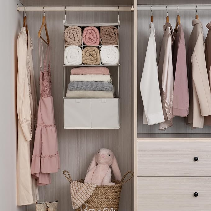 GRANNY SAYS Hanging Closet Organizer with Drawers, 4 Shelf Dividers Closet Hanging Organizer, Foldable Hanging Shelves for Clothes Organizer, Small Closet Organizers and Storage, Beige-NeatNest