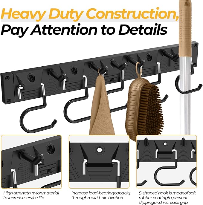 34 Inch Garden Tool Organizer Wall Mount with Non Slip Rubber Coated Metal Hooks, Storage Rack for Indoor/Outdoor Shovel, Rake, Mop and Broom Holder Wall Mount （ 10 Hooks+10 Holders-NeatNest