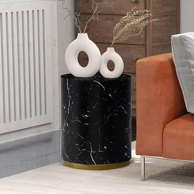 kevinplus Black Side Table End Table for Living Room, Faux Marble Grain, Black & Gold (ø15.7'' x 19.6'')