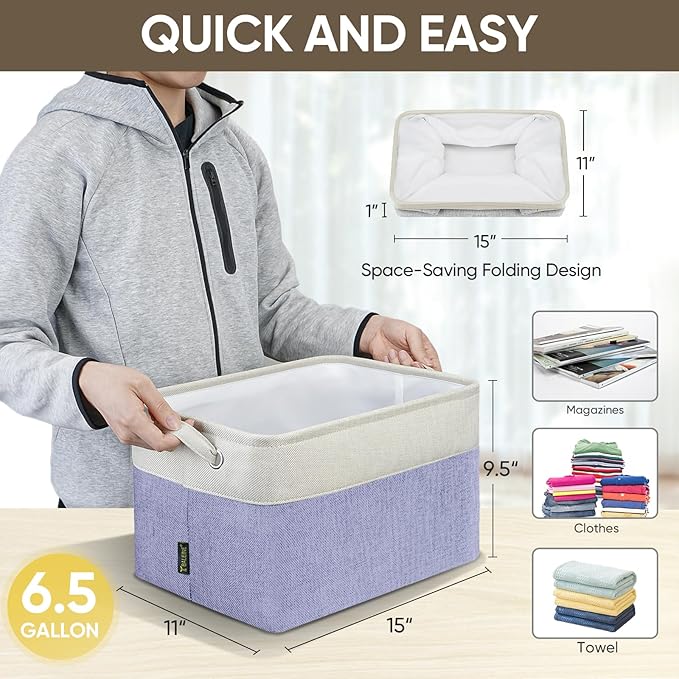 BALEINE 2 Pack Fabric Storage Bins for Shelves, Linen Storage Baskets for Organizing, Decorative Closet Bins for Clothes, Home (Lavender, 15''x11''x9.5'')-NeatNest