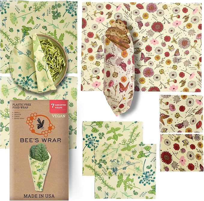 Bee's Wrap Vegan Beeswax Wraps for Food - Assorted 7 Pack (2S, 2M, 2L, & 1 Bread) Made in USA Reusable & Organic Food Wraps & Bowl Covers - Eco-Friendly Alternative to Aluminum Foil & Plastic Wrap-NeatNest
