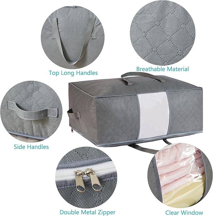 105L Extra Large Storage Bags for Blankets, King Comforters, Bedding, Clothes, Pillows, Sheets - Closet Organizers and Storage with 4 Handles & Clear Window, Foldable & Breathable (Grey, 2pack)-NeatNest