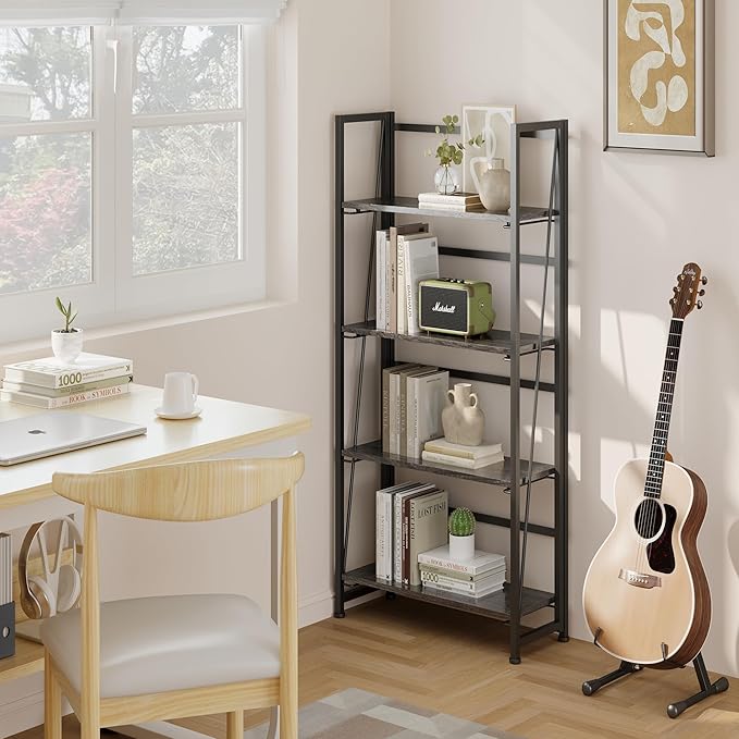 BHG Vintage Multifunctional Folding Bookshelf, No-Assembly Plant Stand Storage Rack Shelves for Home Office (Gray, 4-Tier)-NeatNest