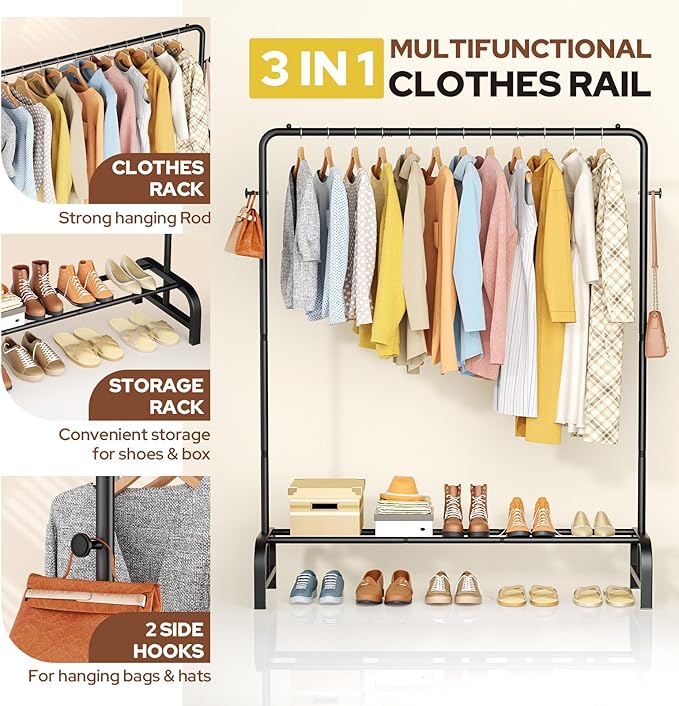 Clothes Rack With Storage Shelves: Metal Clothing Rack for Hanging Clothes, Garment Rack for Bedroom, Laundry, Living Room, Black-NeatNest
