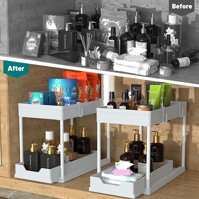 Under Sink Organizer -2 PACK|Pull Out Bathroom Organizer|2 Tier Slide Out Bathroom/Kitchen Organiers and Storage. (2 PACK White)-NeatNest