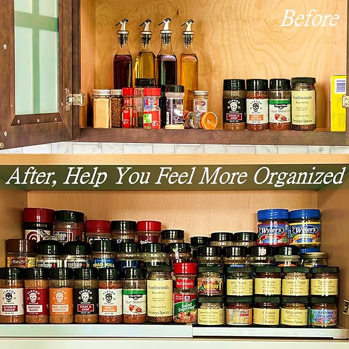 3 Tier Expandable Spice Rack Organizer, Plastic Spice Rack, Adjustable Length 14.6In-25.8In, Non-Skid Tiered Spice Shelf Organizer for Kitchen Cabinet, Cupboard, Pantry, White/Grey-NeatNest