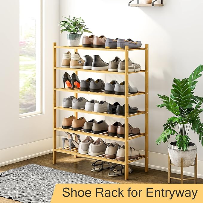 6-Tier Bamboo Shoe Rack for Entryway, Stackable | Heavy Duty | Multi-Function, Free Standing Shoe Racks for Bedroom Hallway Closet-NeatNest