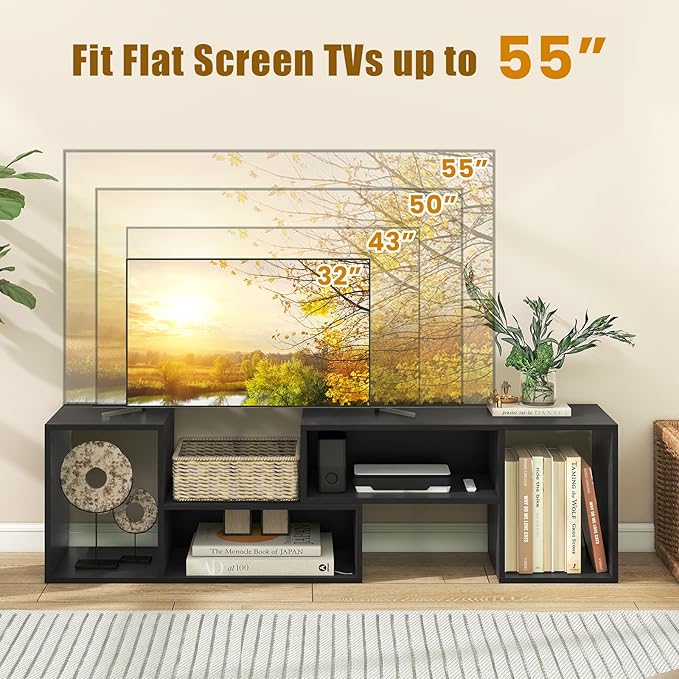 GOFLAME 2 Pieces TV Stand, Modern Entertainment Center for TVs up to 55 Inches, Free Combination Bookcase for Storage & Display, TV Console Table for Living Room, Bedroom, Black-NeatNest