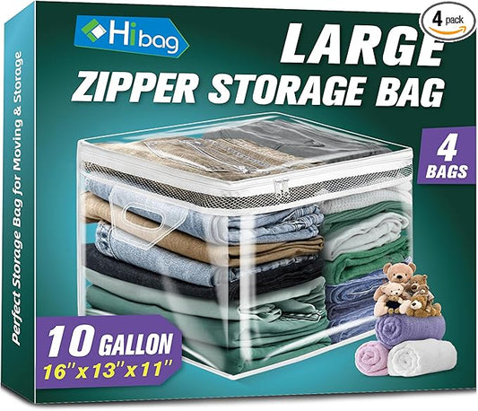 HIBAG 10 Gallon Large Storage Bag for Clothes, Zipper Clothing Storage Bag, Clear Organizer with Reinforced Handles, for Closet and Underbed Storage (4 Pack)-NeatNest