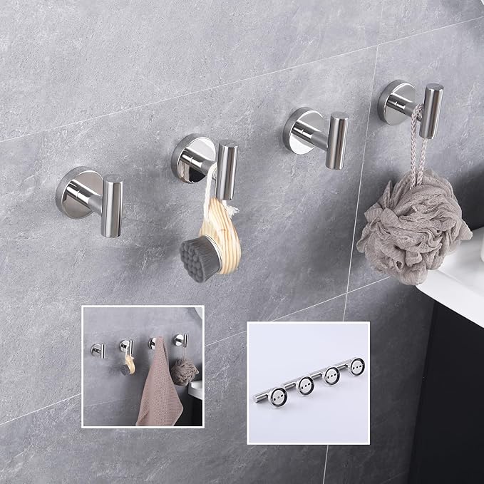 GERZWY Bathroom Towel Hook SUS 304 Stainless Steel Coat/Robe Clothes Hook for Bath Kitchen Modern Hotel Style Wall Mounted 4 Pack Polished Finish AG1307B-JG