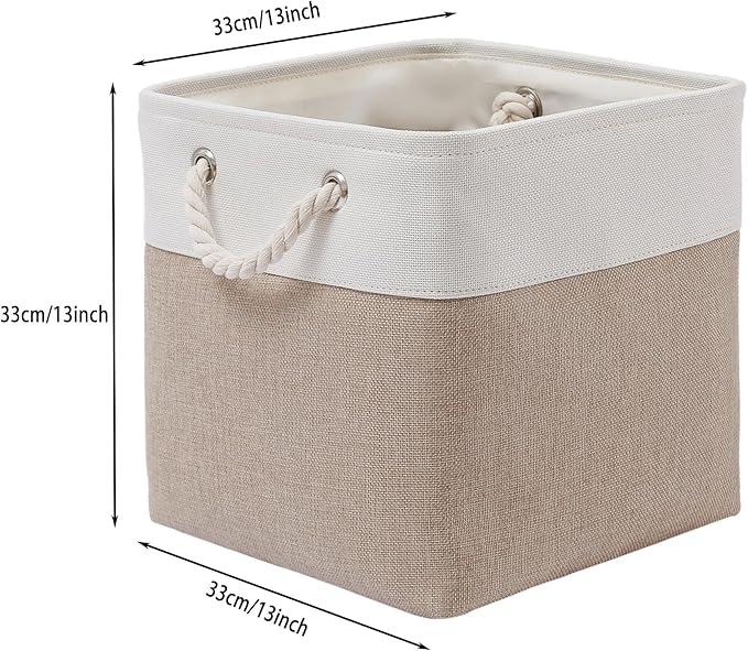 13 x 13 Inch Cube Storage Bins, 4 Pack Large Collapsible Fabric Storage Bin with Ropes, Foldable Storage Cubes for Home, Office,Closet, Clothes, Toys Organizer (White & Beige)