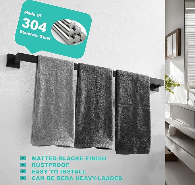 32 Inch Towel Bar for Bathroom 12/16/24/28/32/36 Inch Kitchen Towel Holder Brushed Nickel Towel Rod Wall Mounted SUS304 Rustproof Towel Rack Modern Square Design (1, Matte Black, 32 Inch)