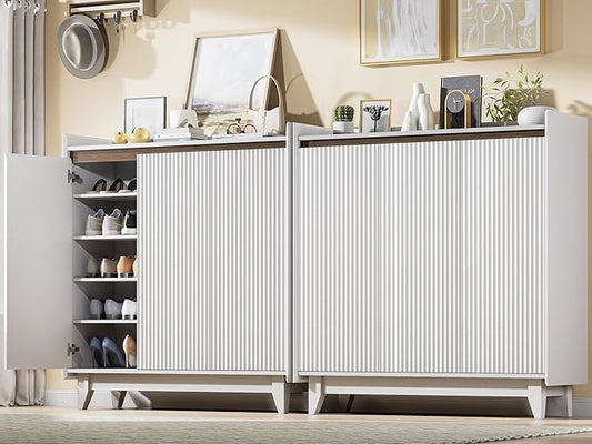 Large Shoe Storage Cabinet Set of 2, 43.7" Tall Shoe Cabinet, Fluted White Shoe Storage for Entryway, 6-Tier Farmhouse Boho Freestanding Shoe Rack Organizer for Foyer, Hallway-NeatNest