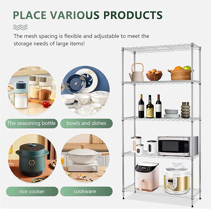 BestOffice 14Dx30Wx60H 5-Tier Wire Shelving Unit Steel Large Metal Shelf Organizer Garage Storage Heavy Duty NSF Height Adjustable Commercial Utility Storage Metal Rack on Wheels,Chrome-NeatNest