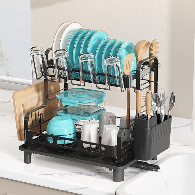 BOOSINY Dish Drying Rack, 2 Tier Large Stainless Steel Black Dish Rack for Kitchen Counter, Drying Rack with Cups Holder, Utensil Holder and Drainboard Set, Dish Strainer Shelf for Kitchen-NeatNest