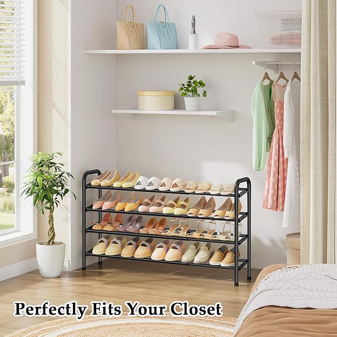 4 Tier Shoe Rack for Closet,Shoe Organizer, 28“ Metal Shelf Can Expandable to 42“, for Bedroom, Entryway, Living Room, Garage, Adjustable to 24 Pairs Shoes, Black-NeatNest