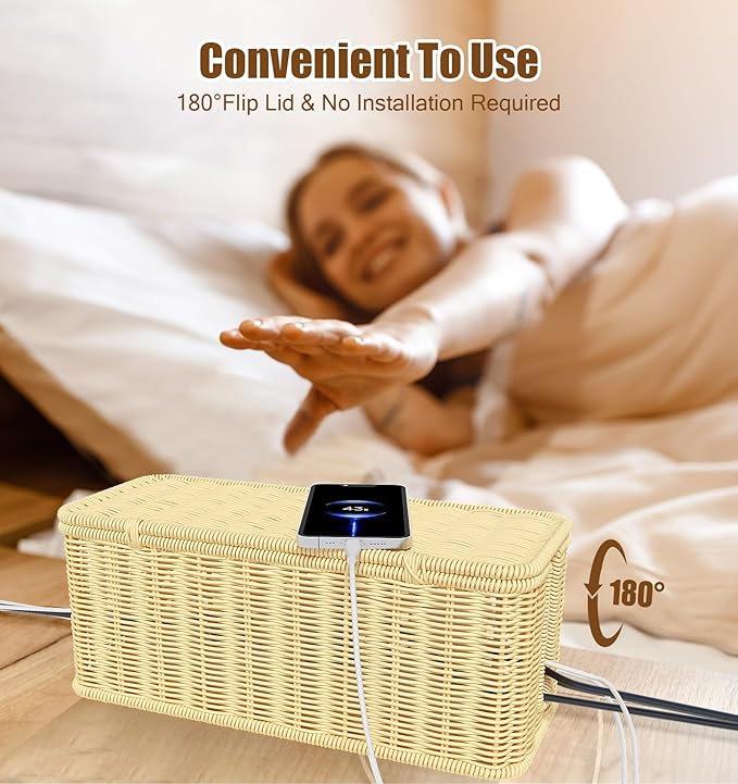 Cable Management Box,Handwoven Imitation Rattan Cord Hider Organizer Box with Lid,2 Open Slots Cable Organizer Box for Tv Computer USB Hub to Hide Power Strips & Cords-12.5" L*5.1" W-Beige