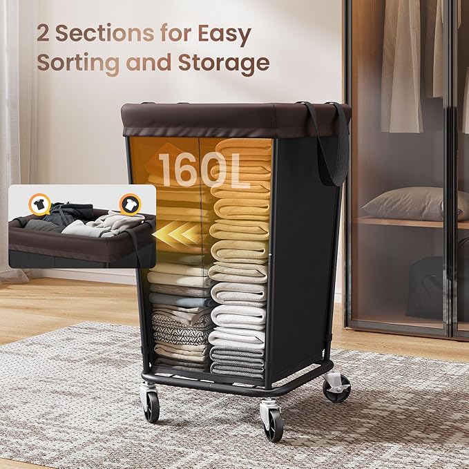 160L Laundry Basket with Wheels, 2-section Rolling Laundry Basket, Large Laundry Hamper with Wheels, Rolling Laundry Hamper Clothes Hamper for Home, Bathrooms and Dorm(Black)