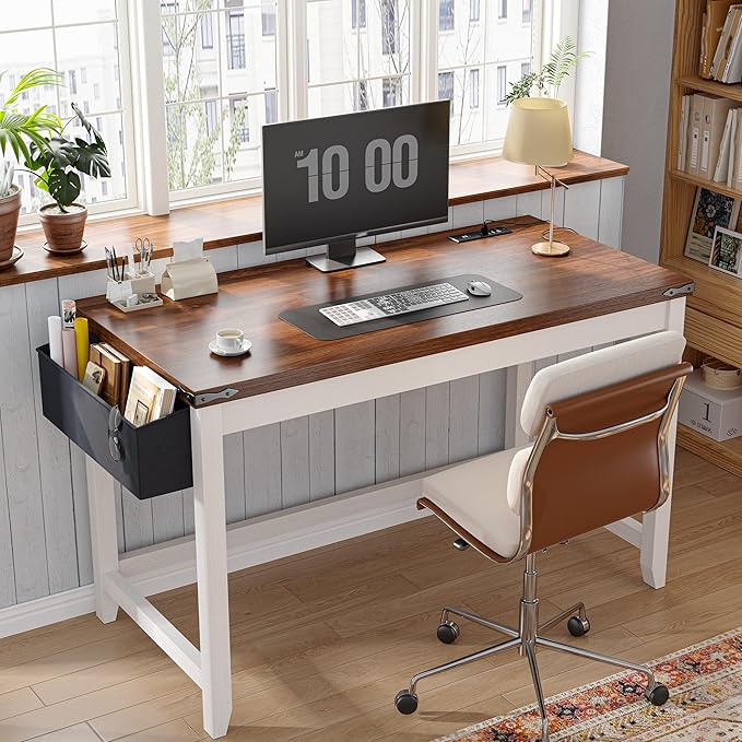EnHomee 40 Inch Small Desk with Detachable Storage Bag, Modern Simple Computer Desk with Power Outlet, Study Writing Table for Small Spaces, Study Desks for Bedroom, Brown & White-NeatNest