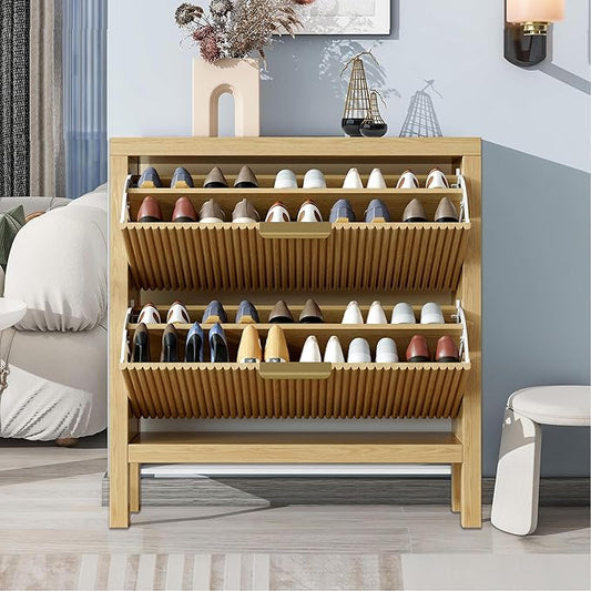 Modern 2-Tier Flip Drawer Shoe Cabinet, Freestanding Hidden Slim Narrow Shoe Rack Cabinet, Wooden Large Capacity Shoe Storage Cabinet Shoe Organizer, for Entryway, Hallway, Natural-1-NeatNest