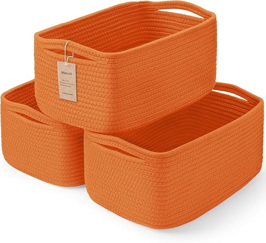 3-Pack Storage Baskets for Organizing | Woven Shelf Toy Basket | Rope Baskets for Gifts Empty | Closet Organizer Bins with Handles | Cube Decorative Box | 13.7×7.1×6.7” | Orange-NeatNest