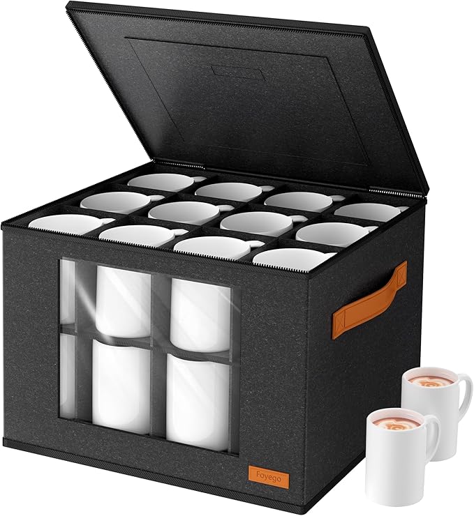 2-Layer Coffee Mug Storage Box with Dividers, Coffee Cup Storage Organizer with Zipper Lid and Handles, Stackable Mug and Cup organizer Service for 24 Coffee Mugs, Cups and Glasses, Dark Grey-NeatNest