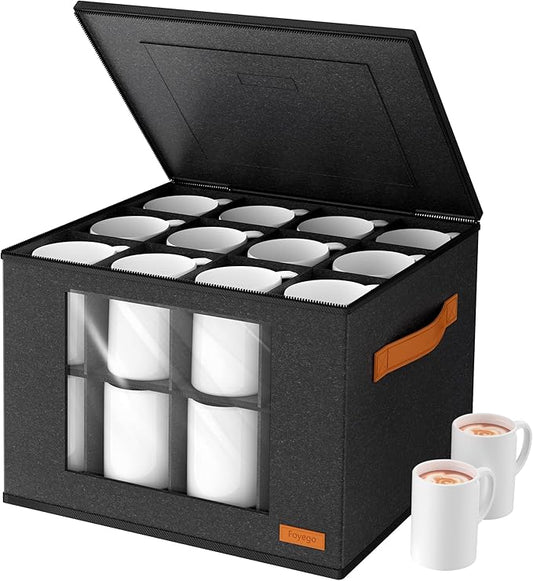 2-Layer Coffee Mug Storage Box with Dividers, Coffee Cup Storage Organizer with Zipper Lid and Handles, Stackable Mug and Cup organizer Service for 24 Coffee Mugs, Cups and Glasses, Dark Grey-NeatNest
