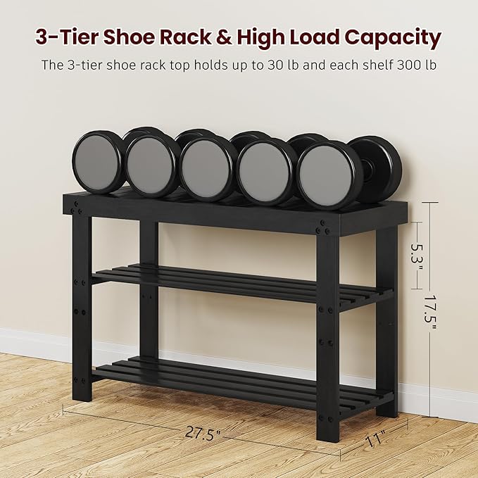 Bamboo Shoe Bench, 3-Tier Shoe Rack, Entryway Bench with Cushion and Adjustable Shelves, Shoe Rack for Entryway, Hallway, Mudroom and Living Room, Black