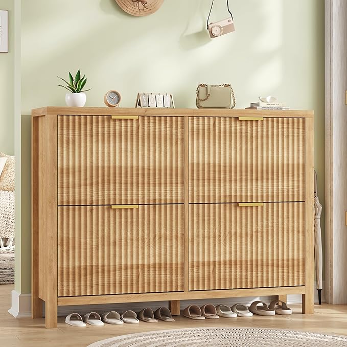 Shoe Cabinet Storage for Entryway, Fluted Shoe Cabinet with 4 Flip Drawers, Hidden Shoe Rack Freestanding Wooden Shoe Organizer with Legs for Hallway, Oak-NeatNest