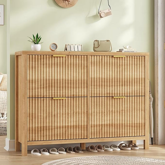 Shoe Cabinet Storage for Entryway, Fluted Shoe Cabinet with 4 Flip Drawers, Hidden Shoe Rack Freestanding Wooden Shoe Organizer with Legs for Hallway, Oak-NeatNest