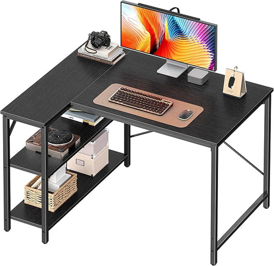 Huuger L Shaped Desk, 39 Inches Computer Desk with Reversible Storage Shelves, Gaming Desk, for Corner Home Office Writing Study, Metal Frame, Black-NeatNest