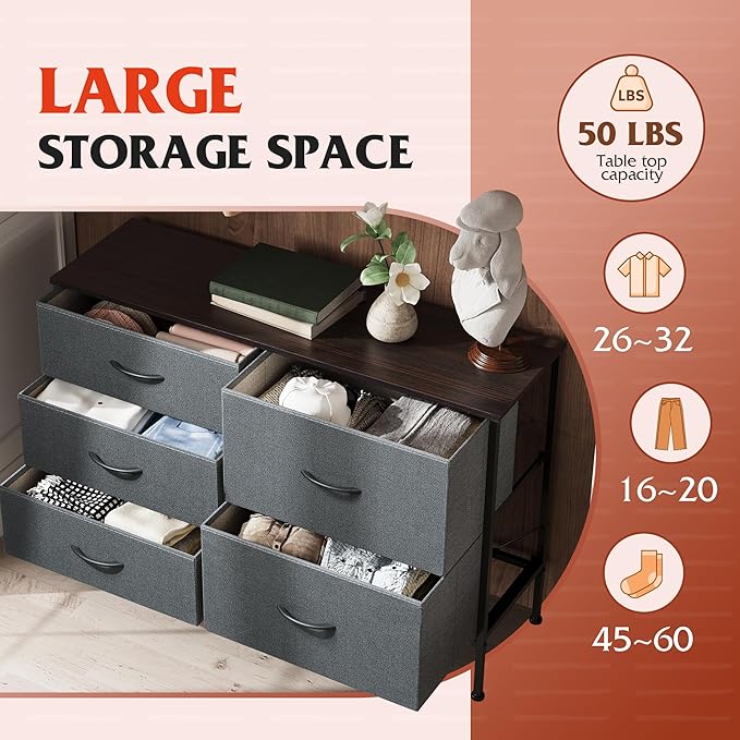 WLIVE Dresser for Bedroom with 5 Drawers, Wide Bedroom Dresser with Drawer Organizers, Chest of Drawers, Fabric Dresser for Living Room, Closet, Hallway, Dark Grey-NeatNest