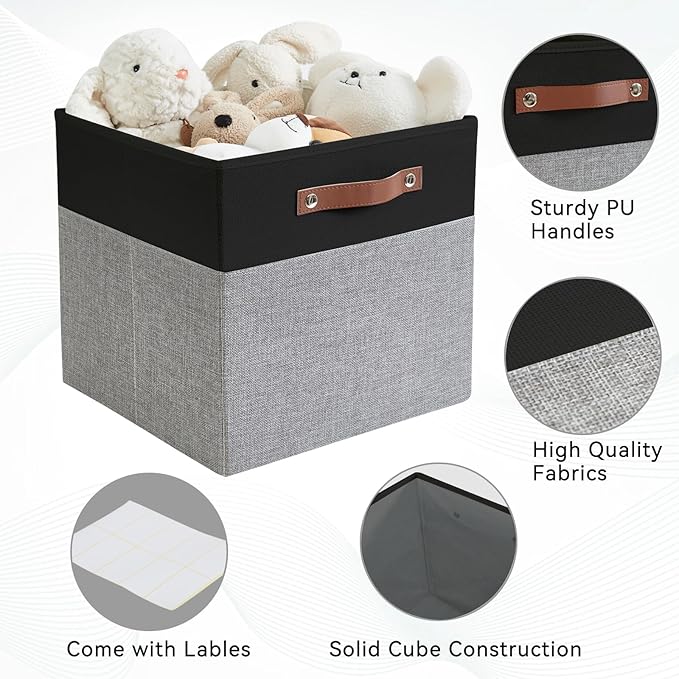 Collapsible Fabric Storage Cube Bins with 2 Reinforced PU Handles, Foldable Storage Organizer Baskets for Closet, Shelves, Living Room | 13"x13"x13", 4 Pack, Black & Gray-NeatNest