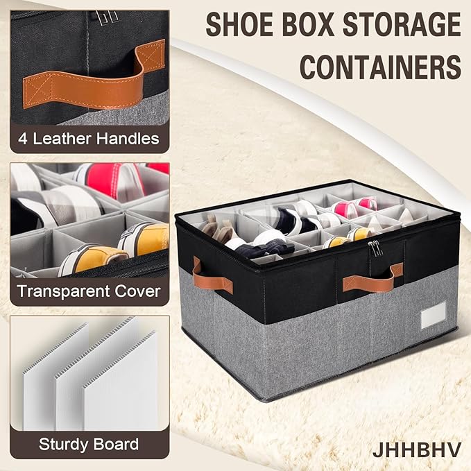 2 Pack Shoe Organizer for Closet, Adjustable Shoe Box Storage Containers, Large Foldable Shoe Bins with Clear Cover, Space Saving Shoes Holder with 4 Handles, Fits 24-48 Pairs, Black-NeatNest