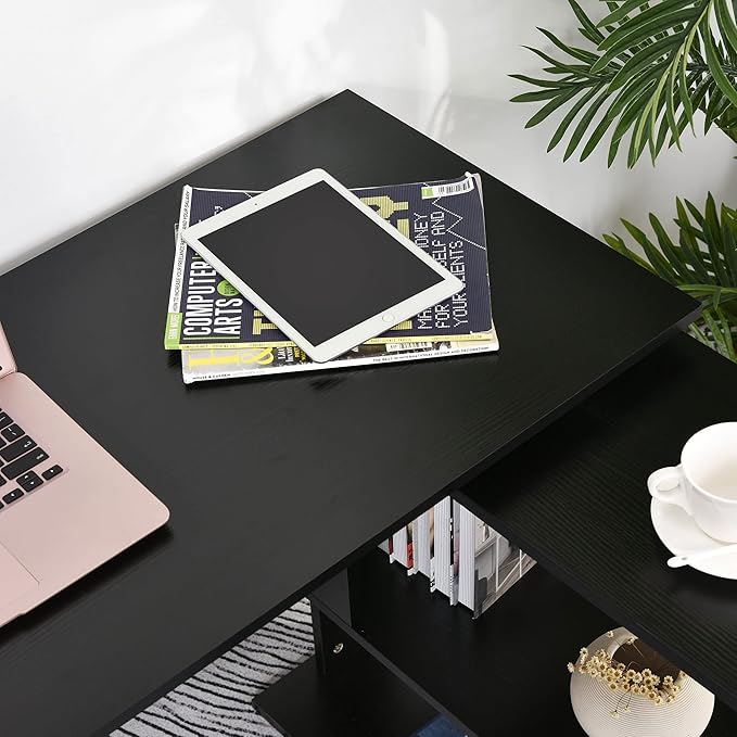 HOMCOM L Shaped Desk, Corner Computer Desk, 360 Degree Rotating Home Office Desk with Storage Shelves, Writing Table Workstation, Black-NeatNest