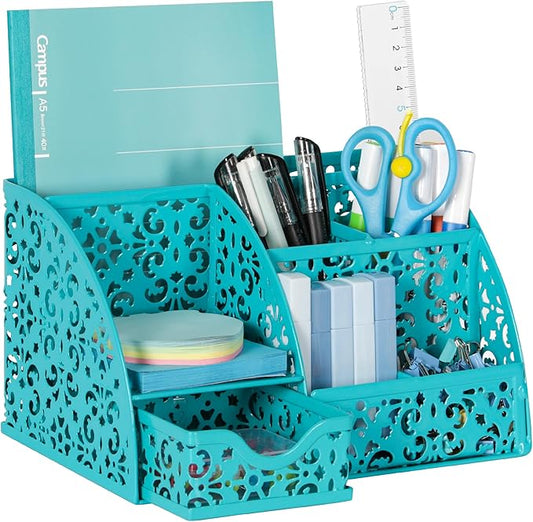 EasyPAG Desk Organizer with Sliding Drawer - 6 Compartments Metal Desktop Caddy, Decorative Elegant Hollow Flower Design, Anti-Scratch Pads for Home, Office, School, Dark Teal-NeatNest