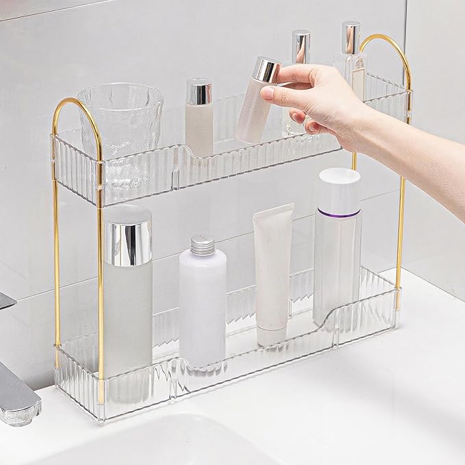 YCIA&DONE 2 Tiers Narrow Vanity Makeup Organizer, Bathroom Organizer Countertop Slim, Perfume Holder Skincare Storage Cosmetic Shelf Spice Rack, for Small Desktop Space, White Clear-NeatNest