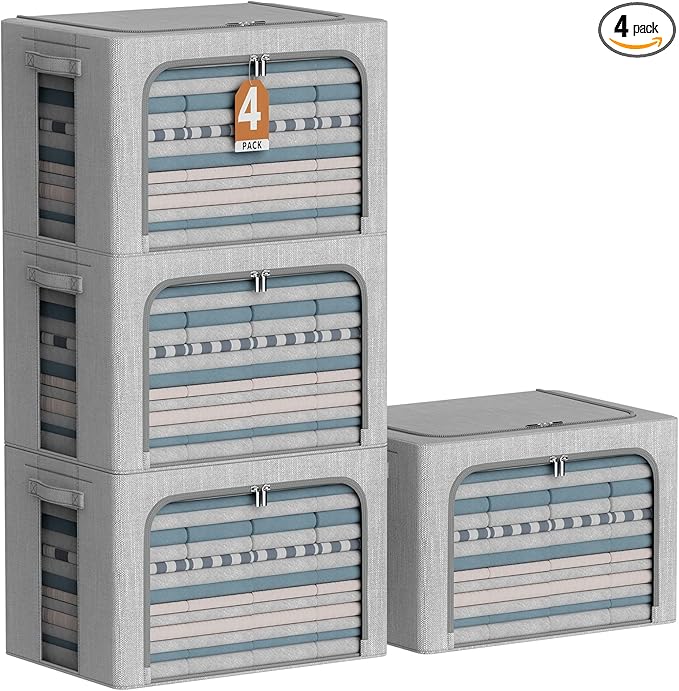 4 Pack Clothes Storage Bins with Metal Frame - Linen Fabric Foldable Stackable Container Organizer Set with Clear Window & Carry Handles & Zippers (Light Grey, 19.7"x15.7"x13")-NeatNest
