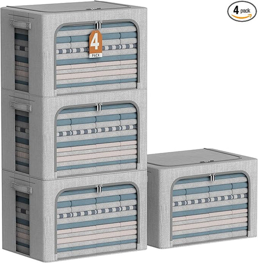 4 Pack Clothes Storage Bins with Metal Frame - Linen Fabric Foldable Stackable Container Organizer Set with Clear Window & Carry Handles & Zippers (Light Grey, 19.7"x15.7"x13")-NeatNest