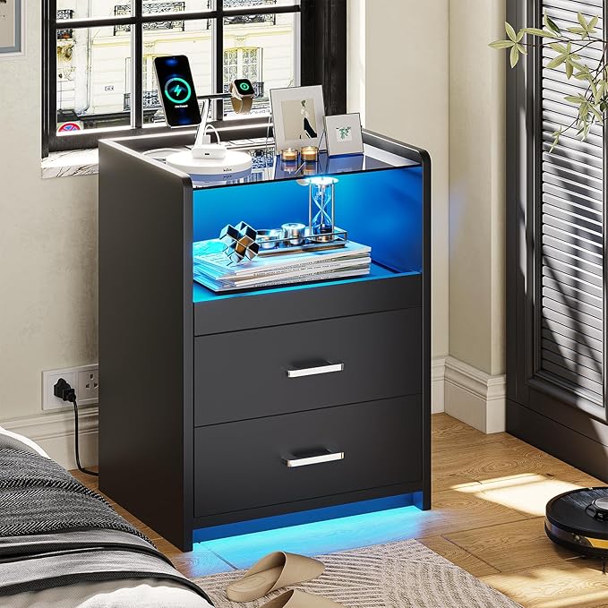 VIAGDO Nightstands Set of 2 with Charging Station and LED Lights, Black Night Stand Set 2 with Glass Top and Storage Drawers, End Side Tables with Pull-Out Tray, Modern Bedside Tables for Bedroom