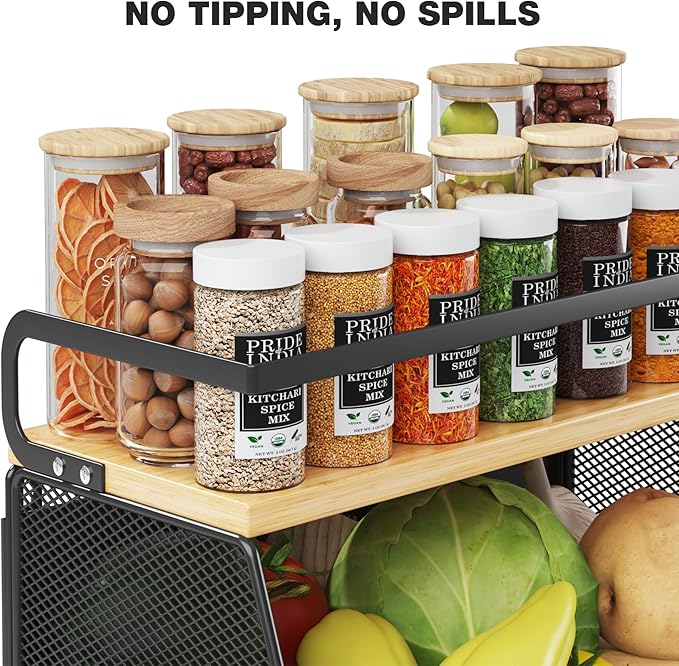 Magnetic Shelf for Fridge with Wide & Thick Magnet, 2 Pack Refrigerator Organizer Basket with Bamboo Top, Storage for Fruit, Potato, Onion, Kitchen, Pantry, Laundry (Black, 13.8" x 6.8" x 11.8")