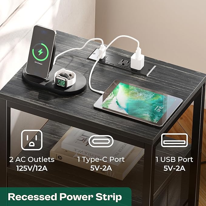 Huuger Nightstand with Charging Station, 27.6 Inch End Table Bedside Table with USB Ports and Outlets, Night Stand for Bedroom, Fabric Drawers, Charcoal Black Wood Grain Print