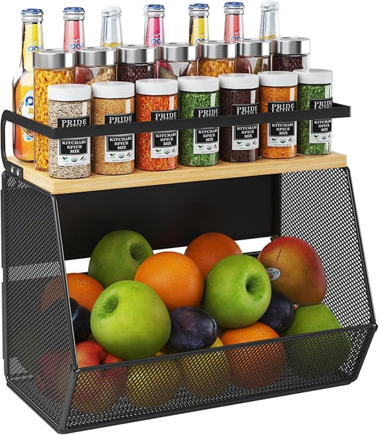 Magnetic Shelf for Fridge with Wide & Thick Magnet, 1 Pack Refrigerator Organizer Basket with Bamboo Top, Storage for Fruit, Potato, Onion, Kitchen, Pantry, Laundry (Black, 13.8" x 6.8" x 11.8")