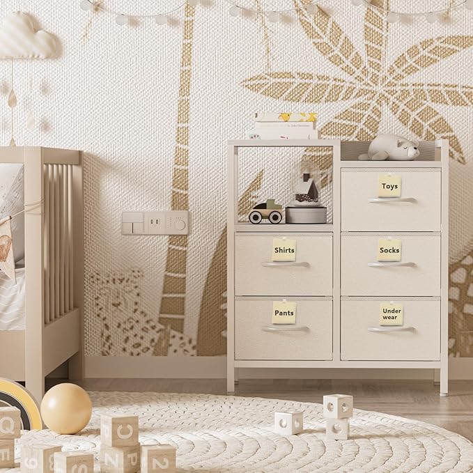 Furnulem 5 Drawer White Dressers for Bedroom 2 Tier Shelf Storage Small Fabric Dresser for Closet Sturdy Metal Frame Modern Style Storage Cabinets Organization Units for Hallway Rooms-NeatNest