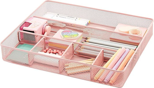 Annova Desk Top Organizer Tray for Office Organization - Metal Mesh - Storage Tray with Dividers for Pens, Desktop Accessories, Bathroom, Kitchen, Makeup and Office Supplies (Large, Light Pink)-NeatNest