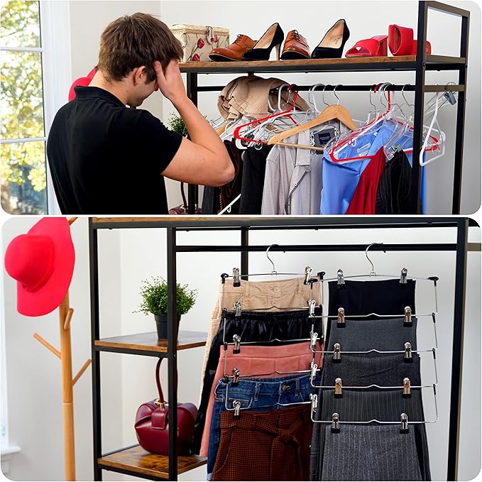 DEILSY™ 5-Tier Skirt Hangers with Clips (3 PK) Pant Space Saving Multiple in one Clothes with Clip Multiple Pants Hanger for Closet Bottom Hangers Metal Hanger with Clips-NeatNest