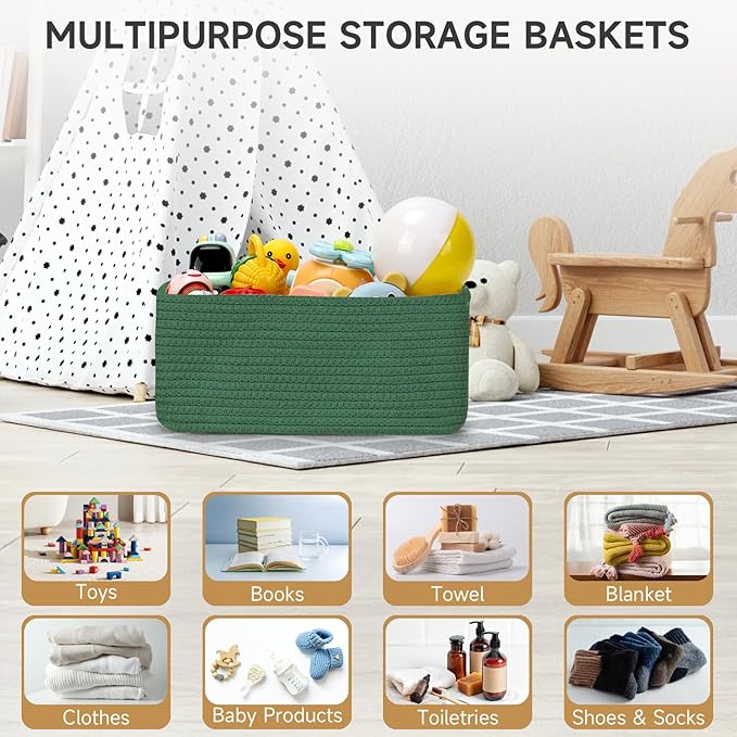 3-Pack Storage Baskets for Organizing | Woven Shelf Toy Basket | Rope Baskets for Gifts Empty | Closet Organizer Bins with Handles | Cube Decorative Box | 13.7×7.1×6.7” | Dark Green-NeatNest