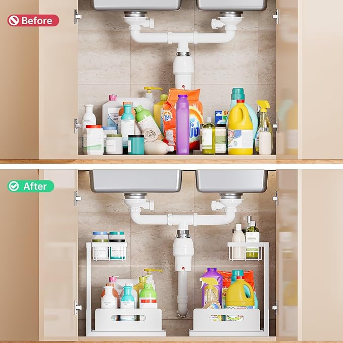 VUSIGN Under Sink Organizer and Storage, Slide Out Cabinet Organizer, Pull Out Sink Shelf for Kitchen Bathroom Laundry, White, 1 Pack-NeatNest