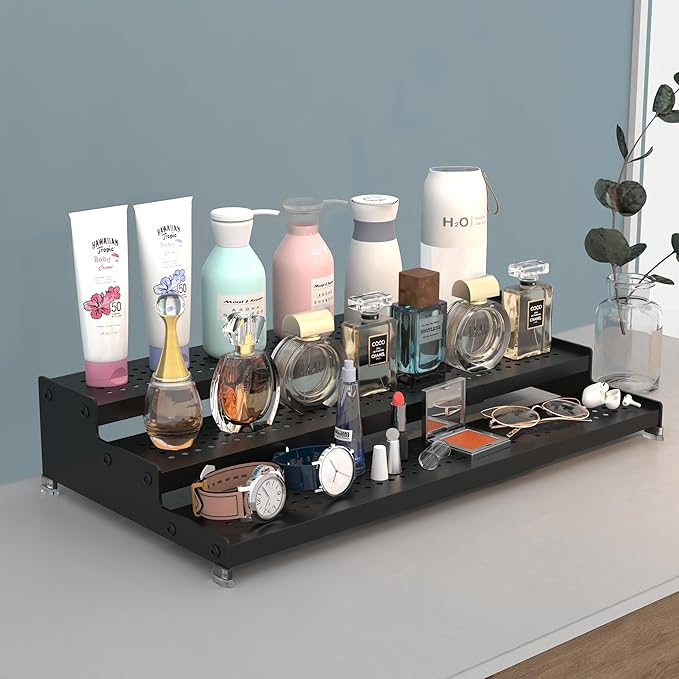 Expandable Spice Rack organizer with 3-Tier step shelf,Modern Design heavy duty,Non Skid and Visibility,Great for Kitchen Cabinet, Pantry and more(1PACK/BLACK)-NeatNest
