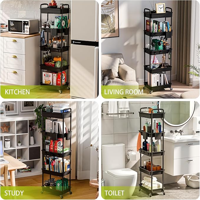5 Tier Rolling Cart Organizer,Bathroom Cart Organizers with Wheels Laundry Room Organization Mobile Shelving Unit Utility Cart Storage Shelves Multi-Functional for Office, Home(Black)-NeatNest